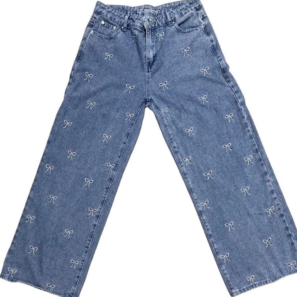 Coquette Pink  Bow Print Wide Leg Denim Jeans